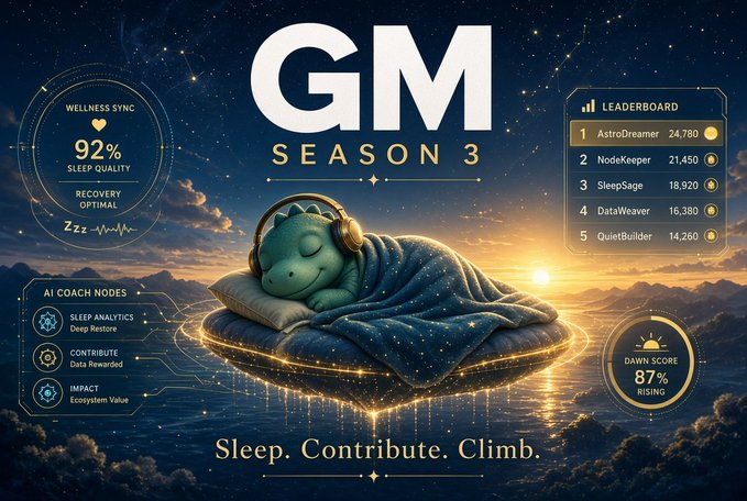 A promotional graphic for 'GM SEASON 3' featuring a cartoon character sleeping on a cloud against a starry sky, with a 'WELLNESS SYNC' widget showing 92% sleep quality, a leaderboard listing top players like 'AstroDreamer', and text reading 'Sleep. Contribute. Climb.'