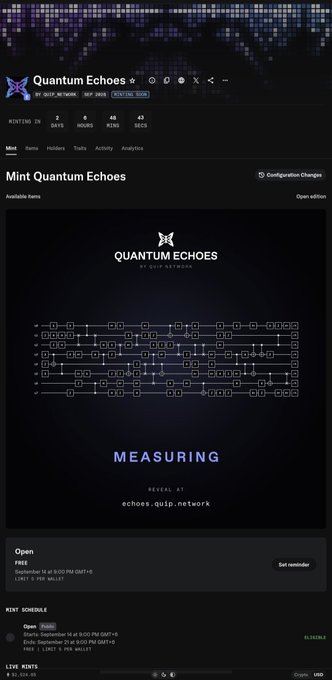 A webpage screenshot for 'Quantum Echoes' by Quip Network showing an NFT minting page with the text 'MEASURING', 'Available items: Open edition', and a countdown timer indicating the mint starts in 2 days, 6 hours, 48 minutes, and 43 seconds.
