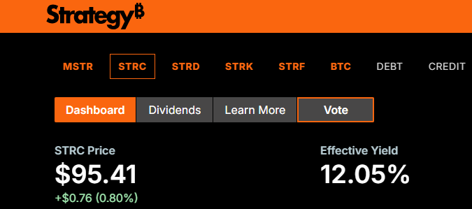 A screenshot of a finance trading dashboard featuring information from two Strc transactions including one for $STRC being sold at 95.41 dollars and another for $STRC being bought at 0.72 dollars. The stock's yield has dropped slightly but is still positive, with an initial rise followed by a fall in the past week. Based on this information, it appears that someone might have made or considered buying or selling Strc shares recently.