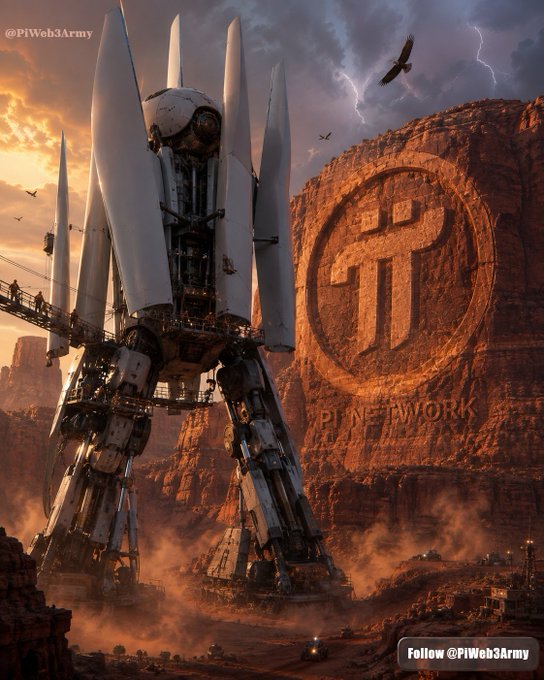 AI-generated sci-fi artwork depicting a large mechanical robot with rocket-like structures, set against a canyon wall featuring a Pi Network logo and 'PI NETWORK' text, with watermarks '@PiWeb3Army'.