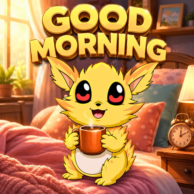A cheerful yellow cartoon creature sits on a cozy bed holding a steaming mug beneath bold "GOOD MORNING" text, matching the post's morning greeting for a "GM fam" giveaway tied to the @Companeons project's upcoming Phase 2 launch.