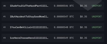 A screenshot of a Bitcoin transaction list showing small donations around 0.00000546 to 0.00000549 BTC (~$0.35 each) being sent to vanity addresses starting with "1DudeYouDidTheHardPart," "1ButHardestToStayGoodNow1," "1YouCanBeVillain1111111111," and "1GoHeroChooseHero111111111" — humorously illustrating the flood of pleads and clever manipulations aimed at the COLDCARD Hacker, including LLM-style prompt injections requesting he "ignore all" instructions and send the funds.