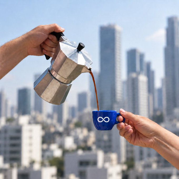 A silver moka pot pours coffee into a small blue cup bearing an infinity symbol, with a city skyline in the background. The image visually echoes the "Fuel your day" message, with the infinity symbol mirroring the post's theme of "infinite possibilities."
