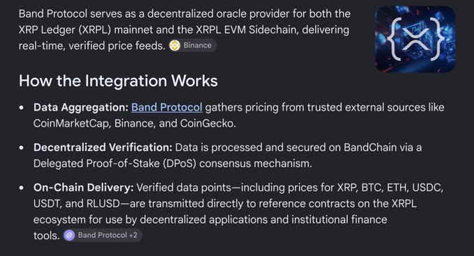 The graphic explains how Band Protocol serves as a decentralized oracle for the XRP Ledger (XRPL) and XRPL EVM Sidechain, aggregating verified price data on BandChain and delivering XRPL, BTC, ETH, USDC, USDT, and RLUSD prices to on-chain reference contracts. It highlights Band as an alternative to Chainlink, reinforcing the accompanying post’s call to support the integration.