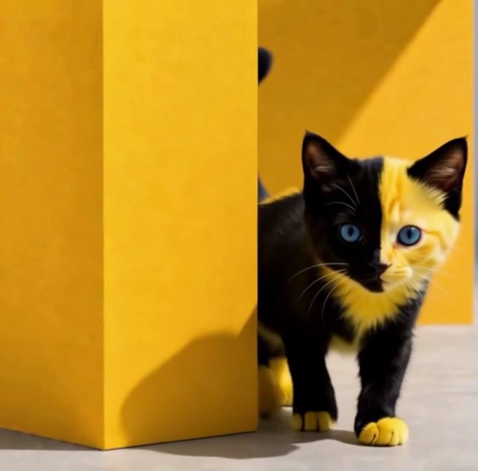 A black and yellow cat with bright blue eyes peeking out from behind a yellow wall corner, lit by warm sunlight.