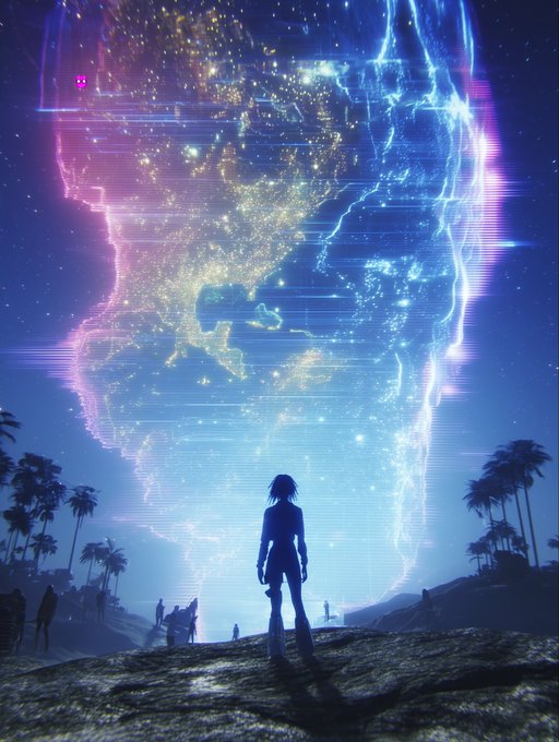 A stylized digital artwork showing a silhouetted figure standing on a hill looking up at a massive glowing skull made of neon lights and lightning in a cyberpunk setting.
