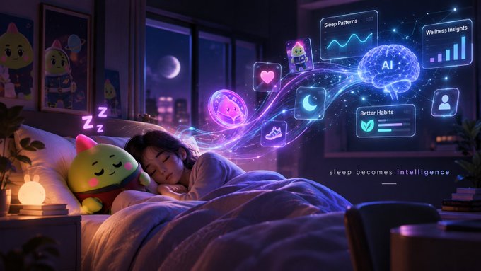 A stylized illustration of a child sleeping peacefully in bed with colorful, glowing AI-themed graphics floating above showing 'Sleep Patterns,' 'Wellness Insights,' 'Better Habits,' and the tagline 'sleep becomes intelligence.'