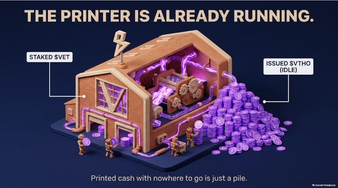 An isometric 3D graphic titled 'THE PRINTER IS ALREADY RUNNING' showing a factory with 'STAKED $VET' going in and 'ISSUED $VTHO (IDLE)' coins piling up.