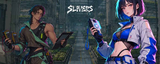 A banner for 'SLIVERS' featuring anime-style characters in cyberpunk attire, with a male character on the left holding a tablet and a female character on the right holding a device.
