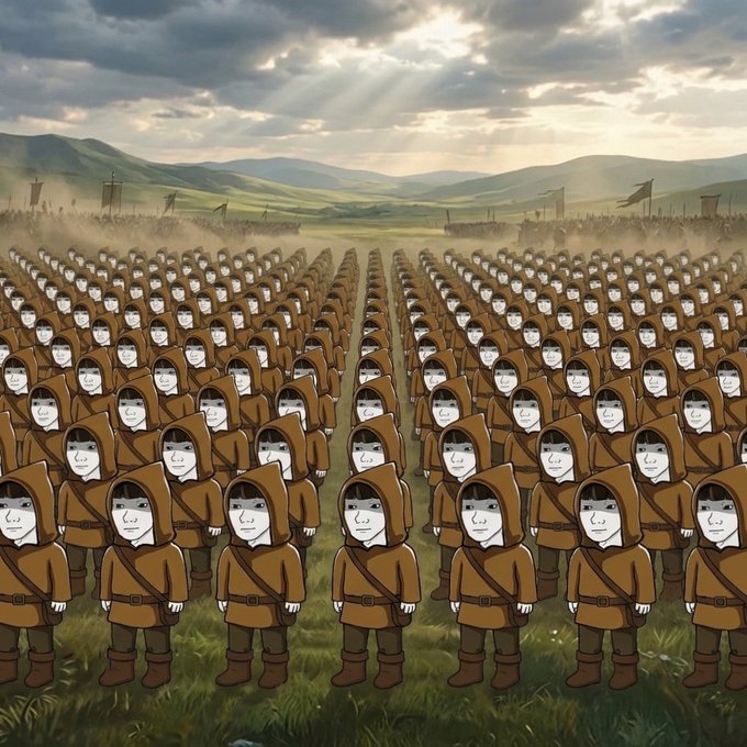 A digital artwork showing an army of identical hooded figures in brown robes standing in formation on a grassy field, with one central figure in the foreground.
