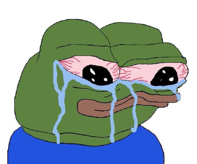 A cartoon illustration of the Pepe the Frog meme crying profusely, with large blue tears streaming down his face as he wears a blue shirt.