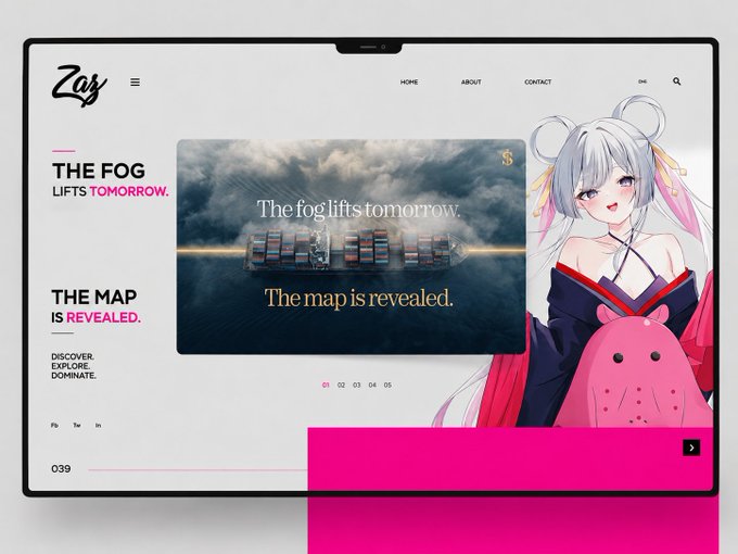 Zas website homepage featuring an anime-style character, a 'fog lifts tomorrow' banner, and navigation links for Home, About, and Contact.