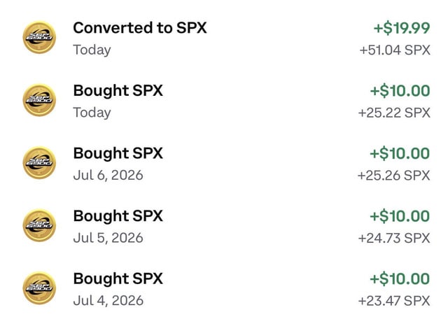 The image shows a transaction history log with five recent SPX6900 (SPX) purchases, including four $10 daily buys dated July 4-6 and today, plus a $19.99 conversion today, yielding SPX amounts ranging from +23.47 to +51.04 tokens. This aligns perfectly with the post's "Day 284 of DCA'ing $10 into SPX6900 every single day" update, showcasing the consistent small-dollar accumulation strategy that's central to the "flip the stock market" campaign.