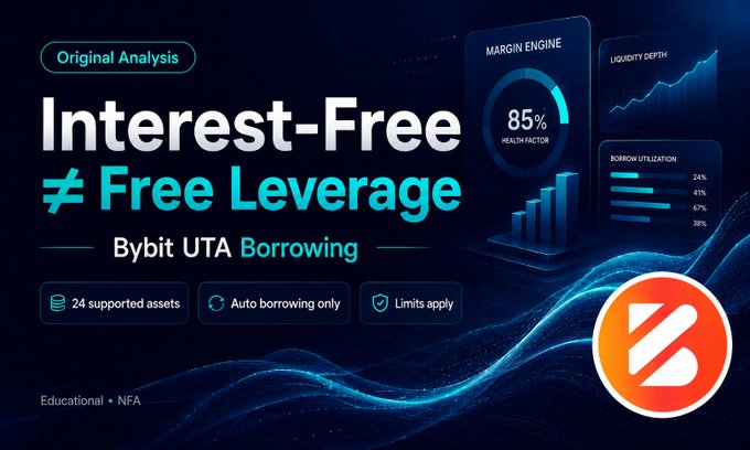 A promotional graphic titled 'Interest-Free ≠ Free Leverage' about Bybit UTA Borrowing, featuring a dark blue tech design with metrics like 85% Health Factor and charts for Margin Engine, Liquidity Depth, and Borrow Utilization, marked as 'Original Analysis' and 'Educational • NFA'.