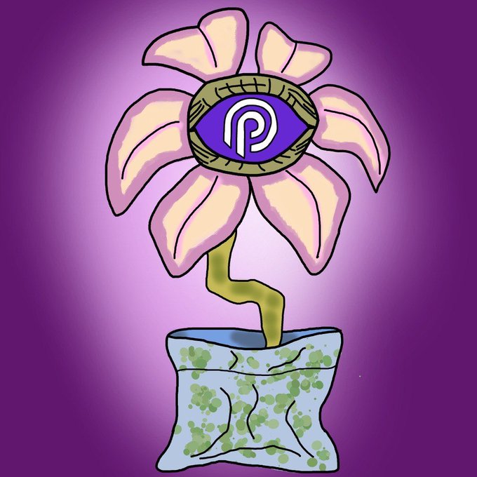 A cartoon flower with purple petals and an eye containing the "P" Pyth Network logo blooms from a bag of green substance, symbolizing the awaited "good trip" on June 30th referenced in the post.