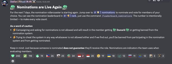A Discord message from 'Stefan | Rituel' announces that 'Nominations are Live Again,' explaining the nomination process for choosing members of the server and noting that being nominated does not guarantee receiving the role.