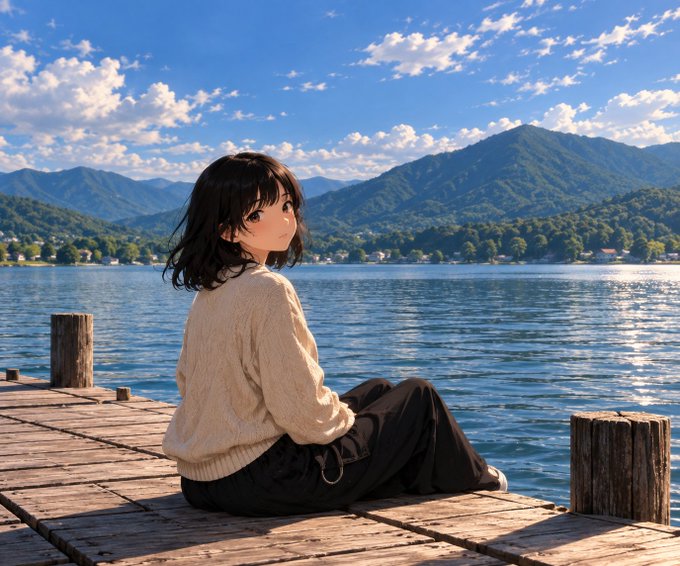 An anime-style illustration of a young woman with dark hair in a cream sweater sitting on a wooden dock by a lake, with mountains in the background.