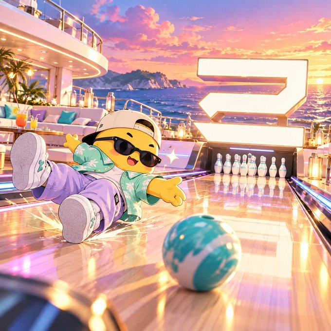 A colorful 3D cartoon illustration shows a cheerful figure wearing a cap and sunglasses sliding toward a teal bowling ball on a polished deck, with pins set up and a large illuminated '2' sign against a sunset beach backdrop.
