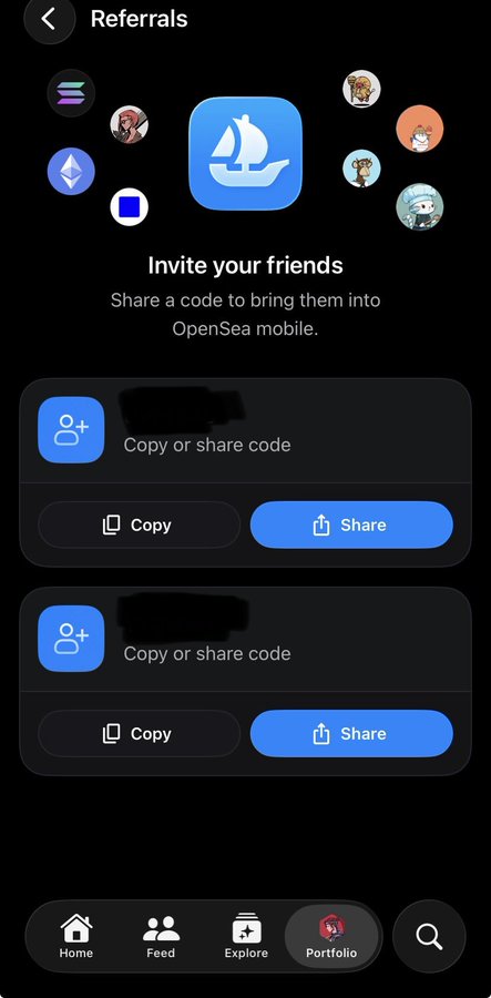 An OpenSea mobile app 'Referrals' screen with the text 'Invite your friends' and options to 'Copy or share code'.