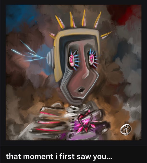 An artistic painting of a stylized character/mask with spikes, cybernetic features, and a chest emblem, captioned 'that moment i first saw you...' on a Polaroid-style frame.