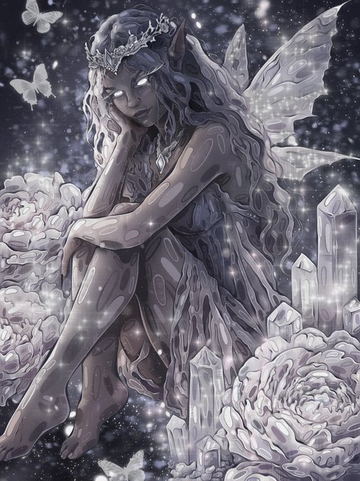 The image features a fairy sitting among flowers, with her legs crossed as she looks down at something below her. The background of the image is dark blue, which contrasts with the white elements in the scene. There are also butterflies present in the image, adding to its whimsical and magical atmosphere.