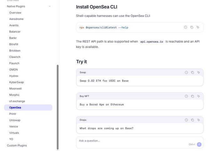 The image shows documentation for installing the OpenSea CLI via `npx @opensea/cli@latest --help`, alongside a "Try it" panel featuring example commands like "Swap 0.02 ETH for USDC on Base," "Buy a Bored Ape on Ethereum," and "What drops are coming up on Base?"—directly illustrating how the native OpenSea plugin enables autonomous agents to perform swaps, NFT purchases, and drop queries on Base within the MCP setup.