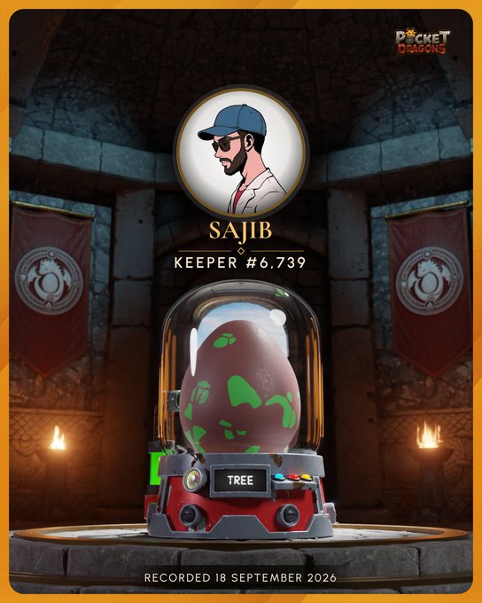 A Pocket Dragons digital collectible card featuring 'Sajib' as Keeper #6,739 with a tree-themed dragon egg in a glass display case, recorded 18 September 2026.