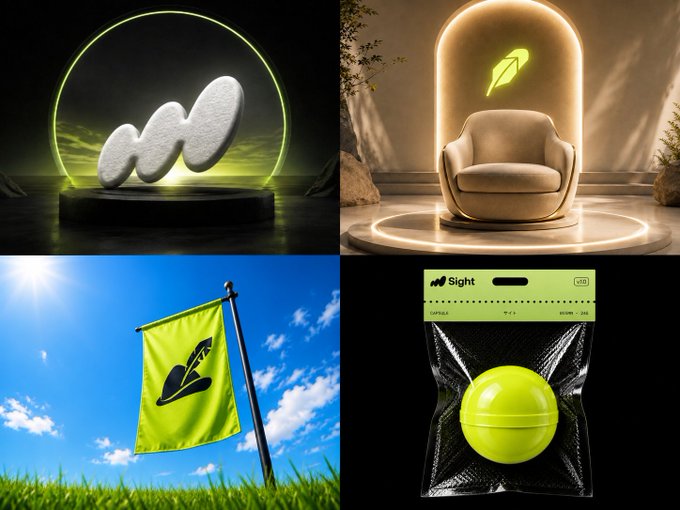 A four-panel collage featuring neon green/yellow themed items: a wave-shaped sculpture in a glowing dome, a cushioned armchair in a lit alcove, a flag with a chevron logo on a sunny grass field, and a packaged product called "Sight."