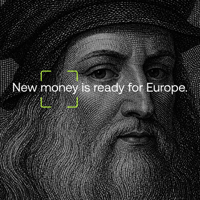 This image shows a portrait of Leonardo da Vinci overlaid with the text "New money is ready for Europe," relating to the accompanying post's call for a "new renaissance" and an OKX deposit bonus.