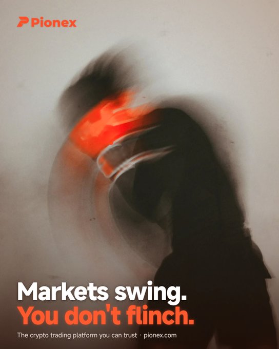 A motion-blurred figure in a red hood is featured on an advertisement for Pionex with the tagline 'Markets swing. You don't flinch. The crypto trading platform you can trust · pionex.com'.