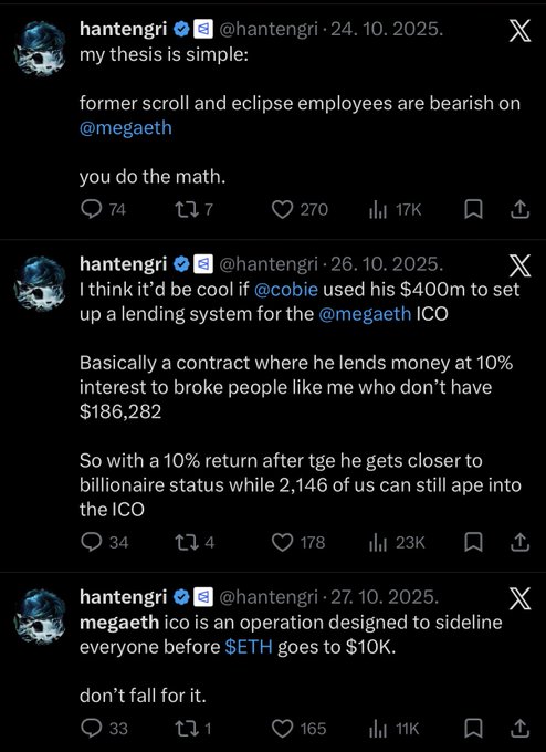 The image shows a Twitter post with three different posts displayed, each containing text written by a person named "Hantengri". The first post is titled "LMFAO eth to 10k coded preminers out chads in", which seems to be a humorous response from Hantengri. The second post has the name "Hantengri" and reads "I think it'd be cool if Cobie used his $4,000 to set up an lending system for the @MEGATH #COBEE". The third post is titled "basically a contract where he lends money at 10% return after toe gets closer to 2.2f us can still ...".