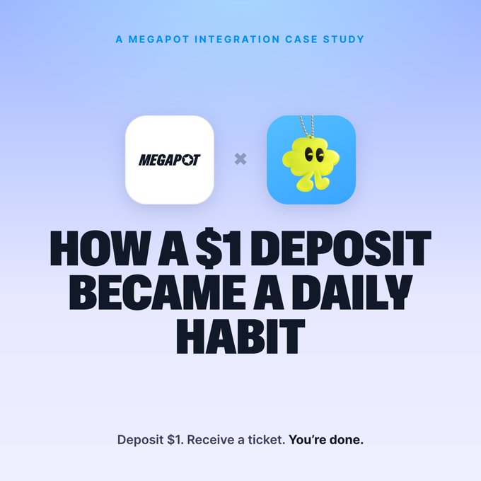 A Megapot integration case study graphic titled 'HOW A $1 DEPOSIT BECAME A DAILY HABIT' showing the Megapot and a mascot app icons, with the tagline 'Deposit $1. Receive a ticket. You're done.'