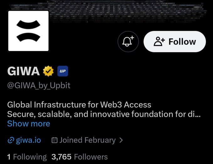 The image shows the X (Twitter) profile page for "GIWA" (@GIWA_by_Upbit), displaying their verified badge, bio describing it as "Global Infrastructure for Web3 Access," 3,765 followers, and a link to giwa.io, which relates to the post promoting GIWA Chain's public testnet and upcoming private mainnet.