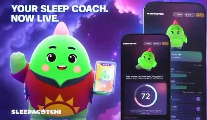 A promotional advertisement for 'SLEEPAGOTCHI' featuring a green, blob-like character with a sleeping cap, alongside the text 'YOUR SLEEP COACH. NOW LIVE.' and screenshots of the mobile app interface.