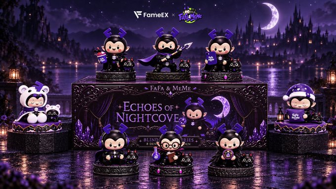 A promotional image for a 'FAFA & MEME - Echoes of Nightcove' blind box collection by FarmeX, featuring several small, stylized characters dressed in dark costumes with purple and pumpkin motifs against a spooky castle backdrop.