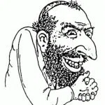 A black and white sketch of a bearded man laughing heartily.