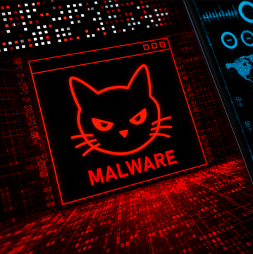 A digital threat warning graphic displays a red stylized cat face icon labeled "MALWARE" within a browser window, set against a dark background filled with red binary code. The image illustrates the security alert about a Safari zero-day exploit threatening iPhone users' cryptocurrency private keys and seed phrases.
