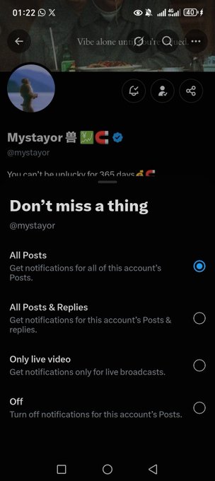 A mobile screenshot of the X (Twitter) app showing a profile page for 'Mystayor' (@mystayor) with notification settings, displaying 'Don't miss a thing' and options for All Posts, Posts & Replies, Only live video, and Off.