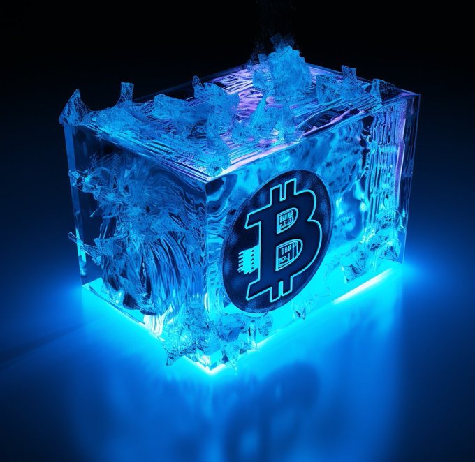 A glowing blue ice cube with the Bitcoin '₿' symbol embedded on its front face sits against a black background, illuminated from within with a cool blue light.