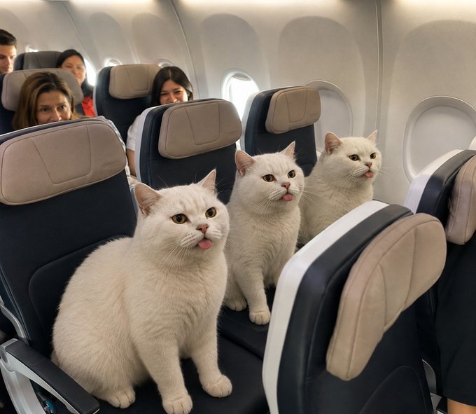Three white cats sit in a row on airplane seats sticking their tongues out, while human passengers are visible in the seats behind them.