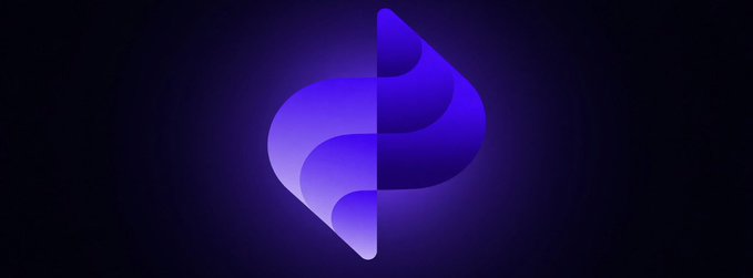 A glowing purple and pink 3D logo resembling a stylized 'S' or leaf shape is centered against a dark gradient background.