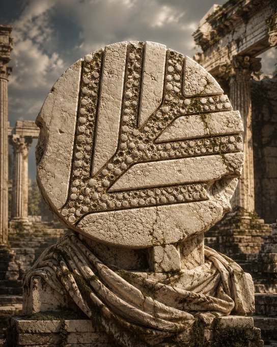 A large circular stone disc or monument with carved radial patterns sits atop draped stone fabric at ancient ruins with classical columns under a cloudy sky.