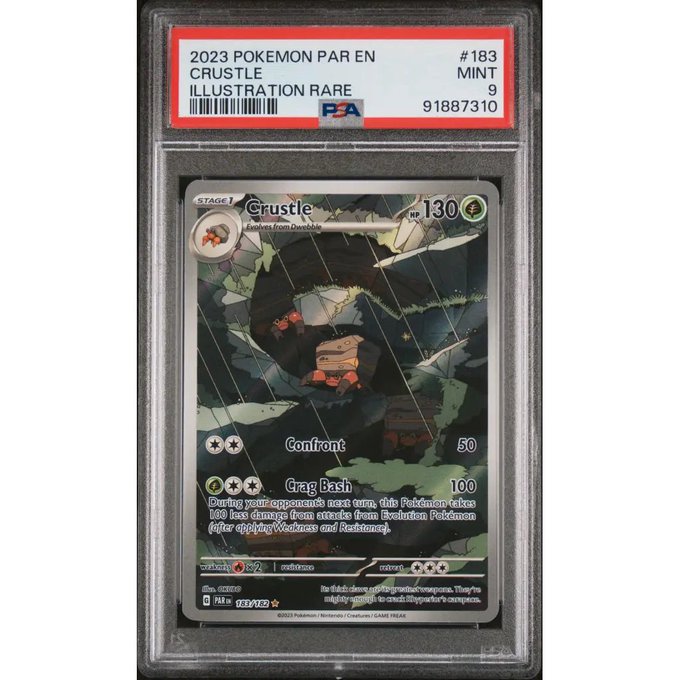 PSA-graded Pokémon card in a protective slab, identified as a 2023 Pokémon Paradox Rift #183 Crustle Illustration Rare, graded MINT 9 with certification number 91887310.