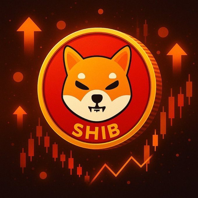 A graphic featuring a Shiba Inu dog on a red coin labeled 'SHIB', surrounded by upward-pointing arrows and a rising line graph against a dark red background.