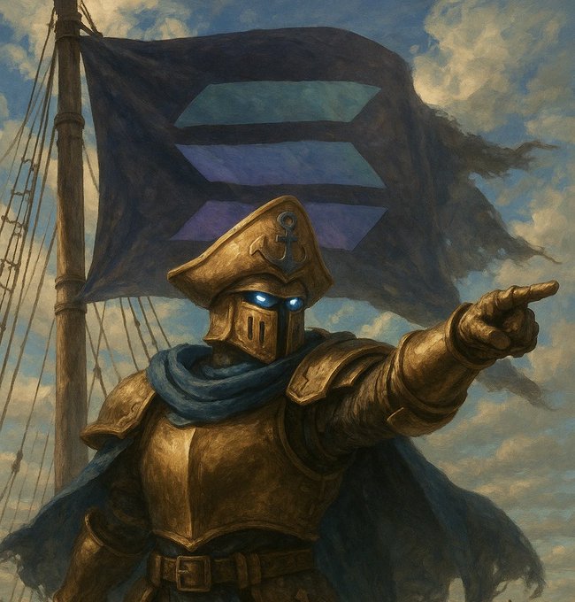 A golden-armored naval commander with glowing blue eyes points forward beneath a tattered dark flag bearing a symbol resembling the Solana logo, visually reinforcing the post's call to arms as the "Solana fleet" charges into battle.