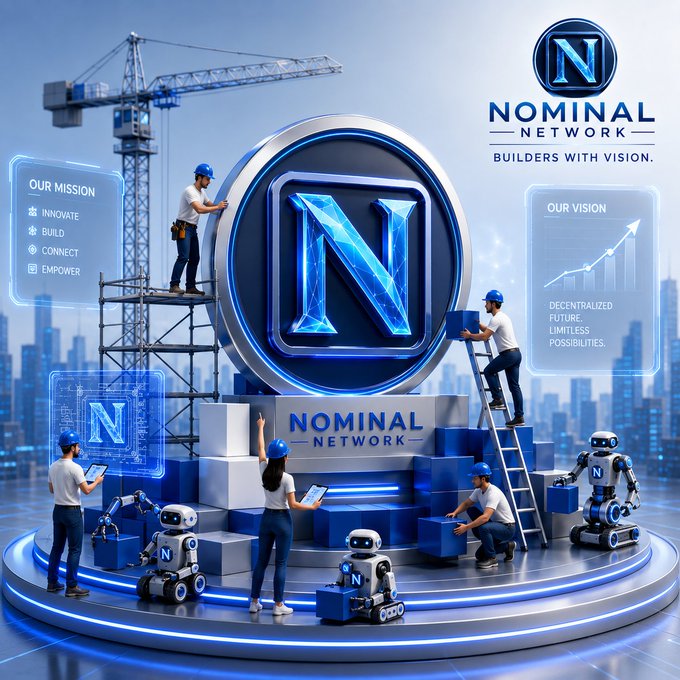 A futuristic 3D promotional scene features construction workers and robots collaborating to build a massive glowing "N" logo for "Nominal Network," with the tagline "Builders with Vision," alongside mission text ("Innovate, Build, Connect, Empower") and vision text ("Decentralized Future, Limitless Possibilities"). The image visually reinforces the post's message of collective construction—blending human builders and robotic assistants assembling the brand—symbolizing Nominal Network's Web3 community actively shaping a decentralized tomorrow.