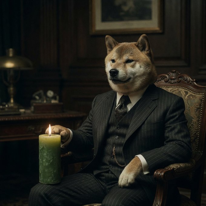 A dapper Shiba Inu dressed in a pinstripe three-piece suit sits regally in an antique armchair, holding a lit green candle. The image riffs on the iconic "Godfather" scene, casting the DOGE mascot in the role of a powerful, cigar-puffing don ready to make an offer the crypto market can't refuse.
