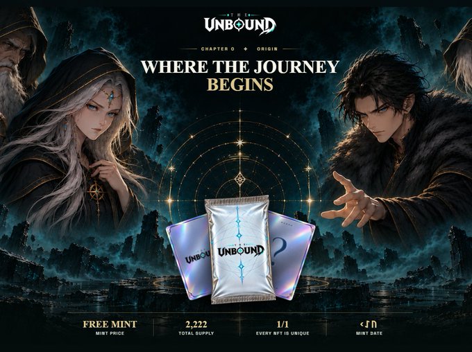 A promotional banner for 'The Unbound - Chapter 0 - Origin' NFT collection titled 'WHERE THE JOURNEY BEGINS,' featuring fantasy artwork with a free mint, 2,222 total supply, and 1/1 unique NFTs.