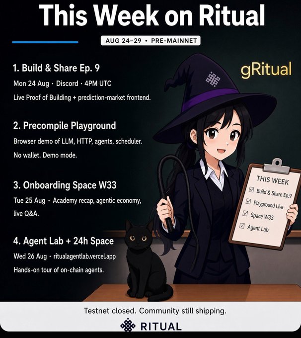 Promotional graphic titled "This Week on Ritual" (Aug 24–29, Pre-Mainnet) featuring an anime-style witch character and black cat, listing four events: Build & Share Ep. 9, Precompile Playground, Onboarding Space W33, and Agent Lab + 24h Space — mirroring the @ritualnet schedule in the accompanying post.