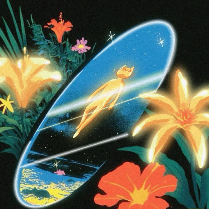 A vibrant retro-style illustration depicting a glowing figure floating through a cosmic portal surrounded by colorful lilies and flowers.